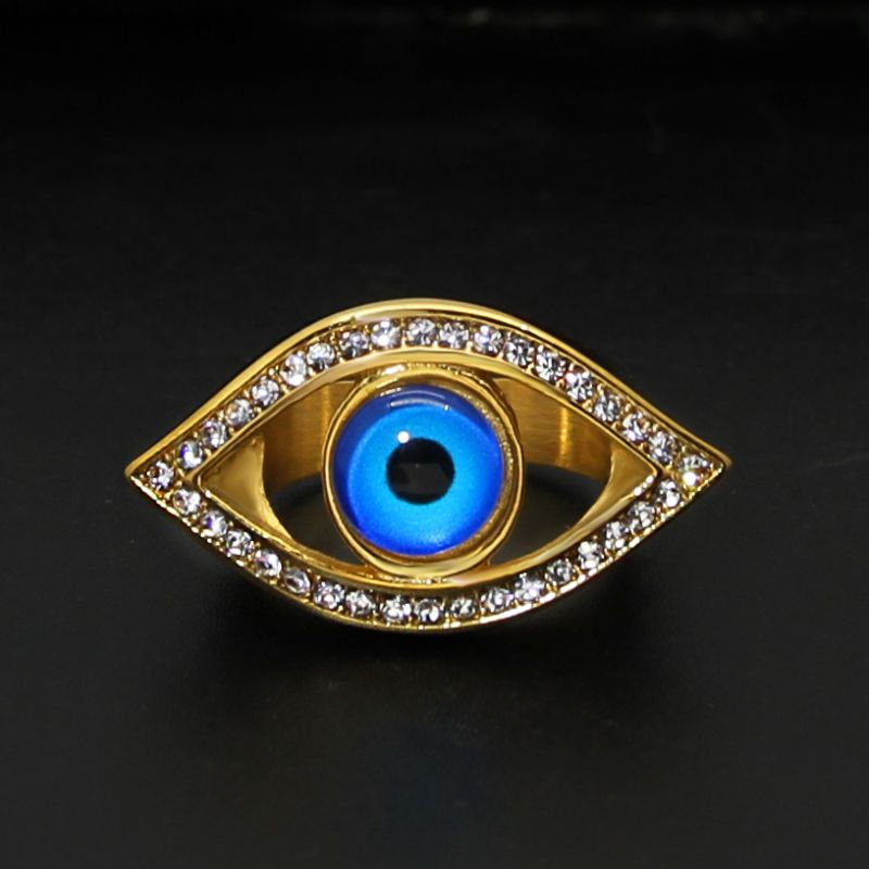 Luxury No Fade Stainless Steel Blue Turkish Eyes Ring Hip Hop Gold Filled Rhinestone Crystal Evil Eyes Ring for Men Women