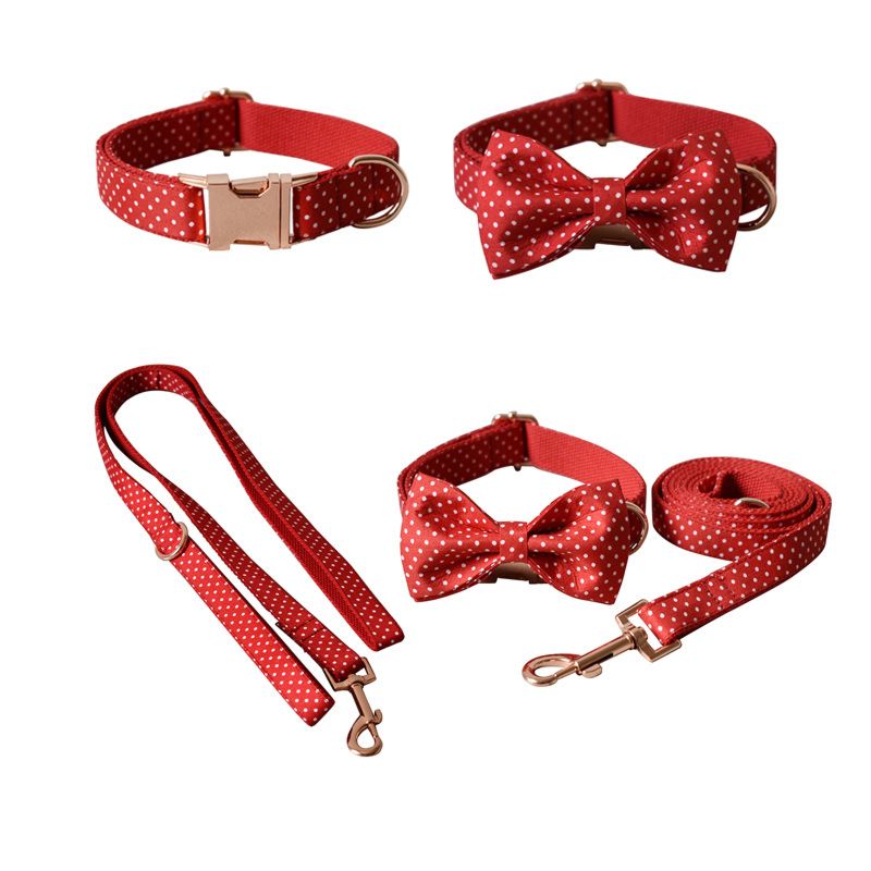 Luxury Red round Dots Dog Collar and Leashes Bow Tie Dog Cat Necklace with Metal Buckle for Pet Gifts