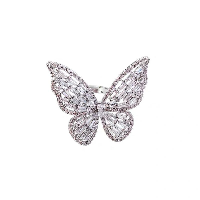 Luxury Women Finger Jewelry Statement Zircon Large Hollow Out Butterfly Shaped Open Adjustable Ring