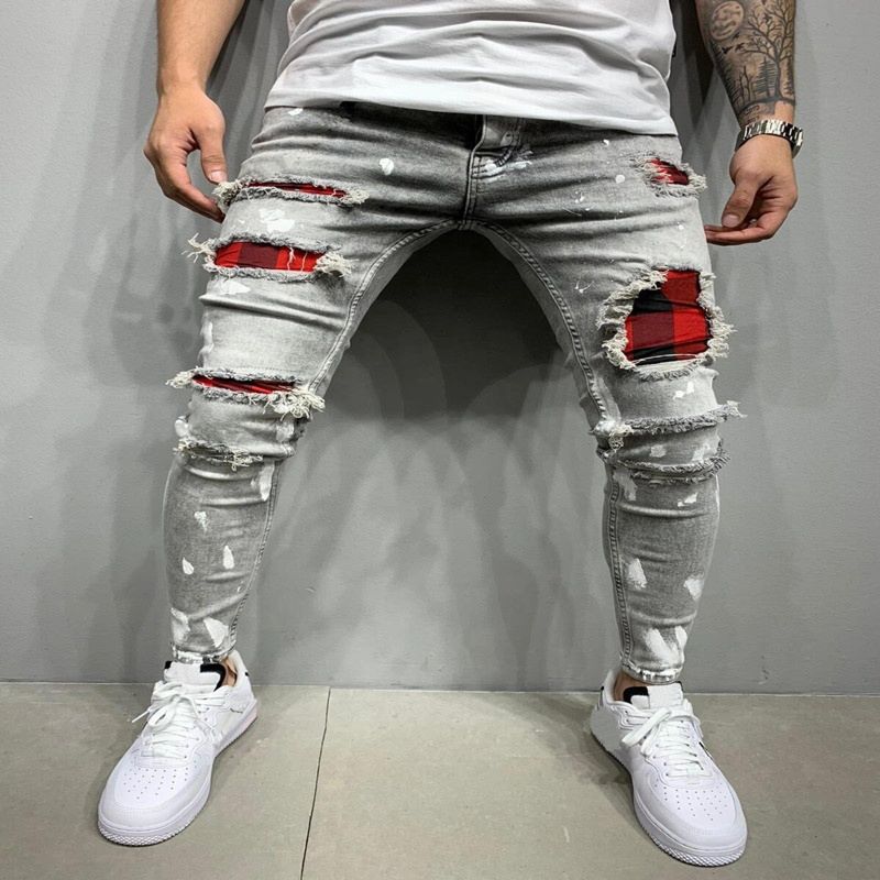 Lw-1007 Casual Style Checked Fabric Ripped Denim Pants Slim Fit Jeans for Men