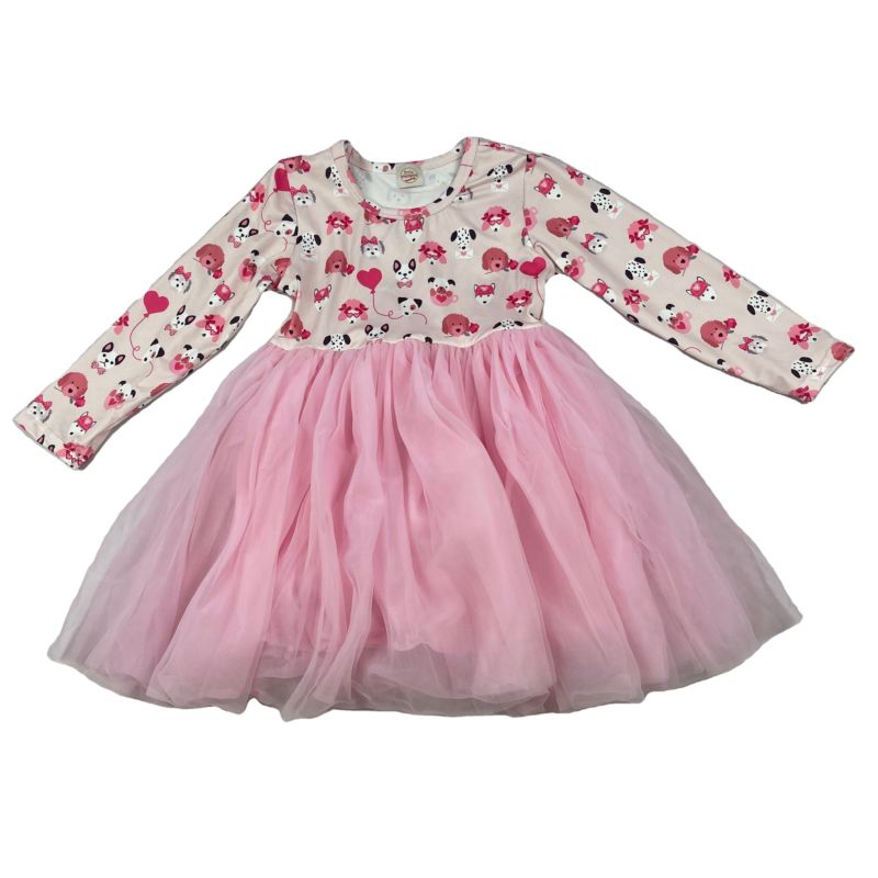 Lz Children Pink Rainbow Printing Tutu Dress for Kid Valentines Day Longsleeve Baby Girl Dress Party Dresses