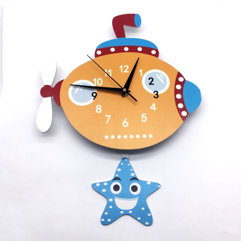 Marine Submarine Pendulum Wall Clock with Swinging Tail Children Wall Clocks for Bedroom Creative Gift for Kids Size:28X38.5Cm