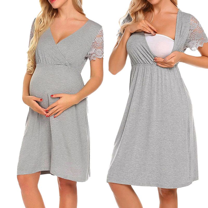 Maternity Feeding Mum Comfy Cross-Front V Neck Solid Lace Short-Sleeve Midi Slim Women's Dress for Pregnancy Sleep Wear