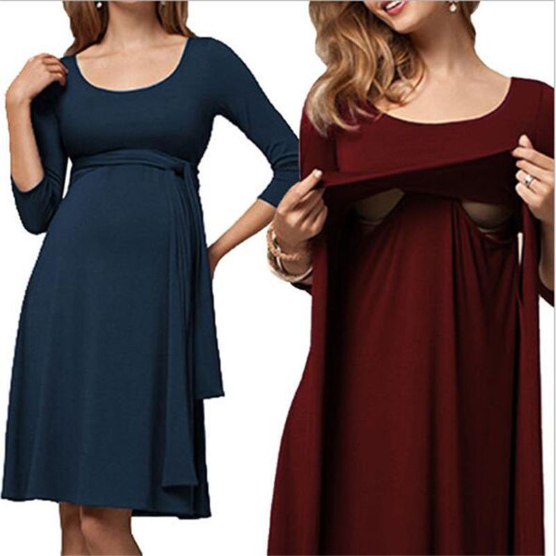 Maternity Nursing Moms Pregnancy Clothes Maternity Tops Women's Pregnancy Long Sleeve Dress Maternity Solid Color Shir