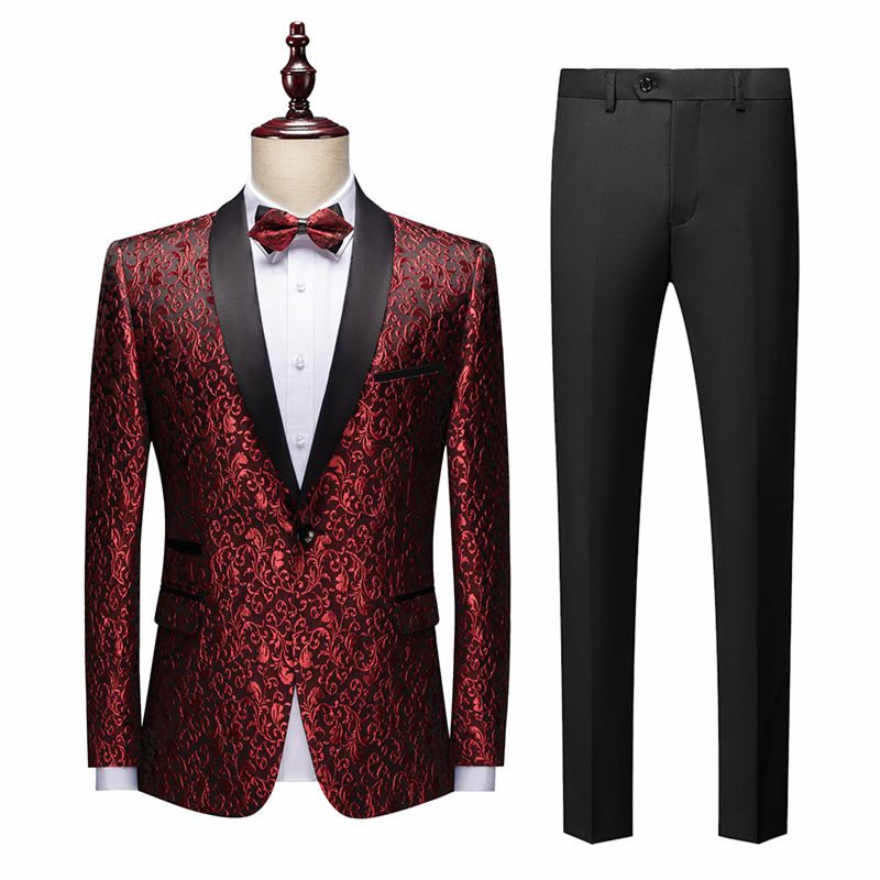 Men Tuxedos Floral Pattern Casual Blazer Suit Jacket Black Pants Wedding Suits for Man Party Prom Male Stage Slim Fit Costumes