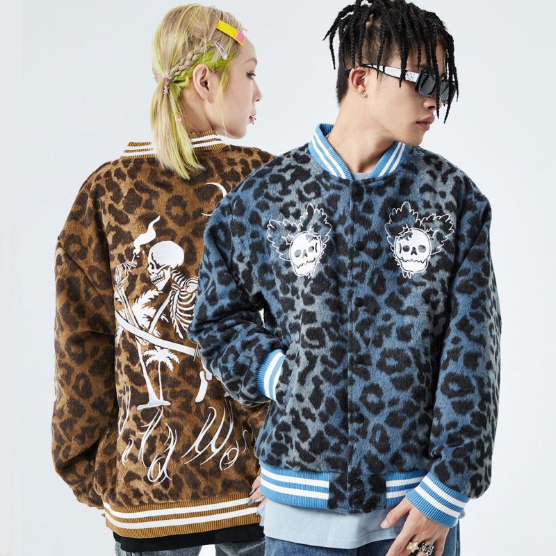 Mens Motorbike Style Embroidery Leopard Print Flannel Varsity Bape Couple Sherpa Bomber Jacket