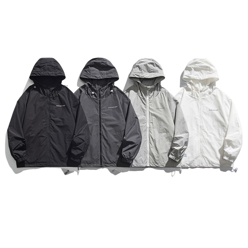 Mens Outdoor Nylon Baseball Coats Casual Windbreak Grey Black Hooded Jacket