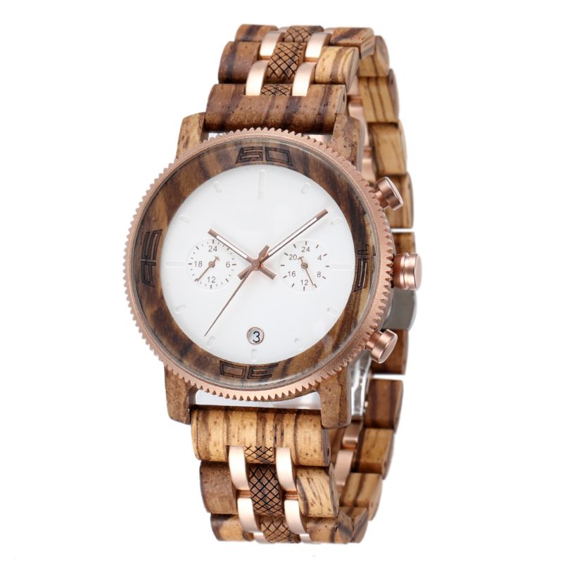 Mens Stainless Steel and Wood Watches Zebra Wood Chronograph Business Watches Male Waterproof Wooden Watch