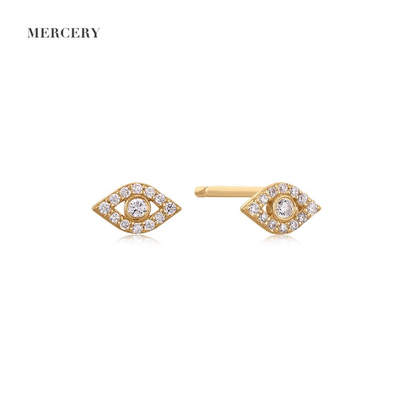 Mercery Earing Handmade Jewelry Diamond Pure Gold 14K Studs Turkish Evil Eye Pure 14K Gold Solid Earring Studs