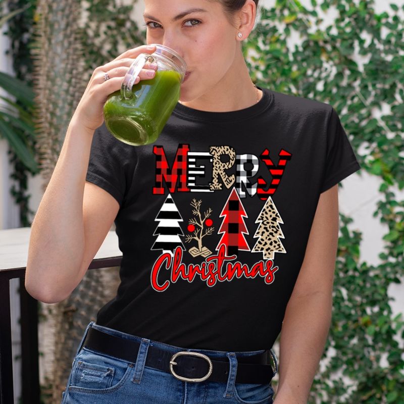 Merry Christmas Colorful Trees Printed T-Shirts Women Shirts for Women Casual Aesthetic Clothes Crew Neck Ladies Top Female