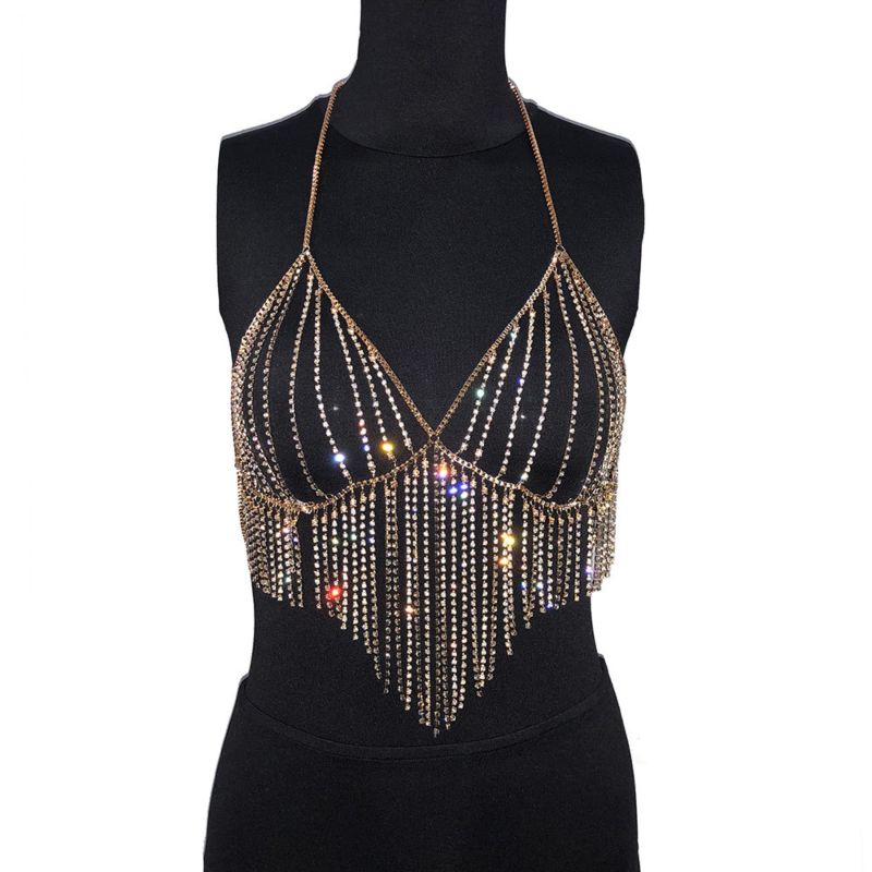 Mesh Rhinestone Tassel V Neck Backless Camisole Sleeveless Halter Metal Chain Party Crop Top Push up Backless Dance Camisole