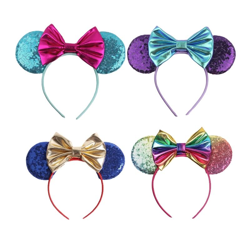 Metallic Rainbow 5" Hair Bows Mouse Ears Hairband for Girls Big Sequins Ears Chic Headband Diy Hair Accessories
