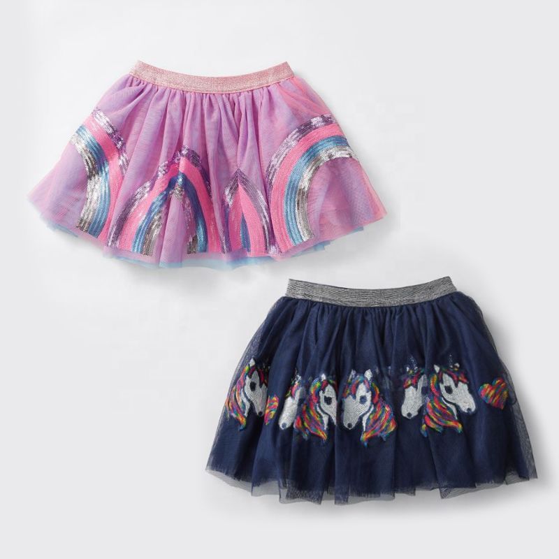 Metallic Rainbow Sequin Unicorn Hearts Navy Blue Girls Pleated Tutu Skirt