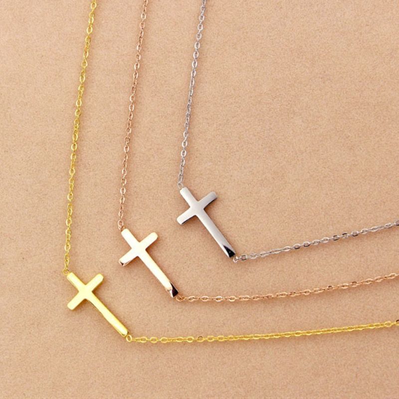 Micci Stainless Steel Jewelry 18K Gold Plated Inverted Sideways Simple Cross Pendant Necklace for Women