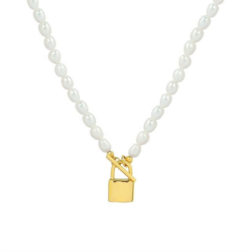 Micci Women's Jewelry 18K Gold Plated Stainless Steel Locket Lock Padlock Pendant Freshwater Pearl Choker Necklace