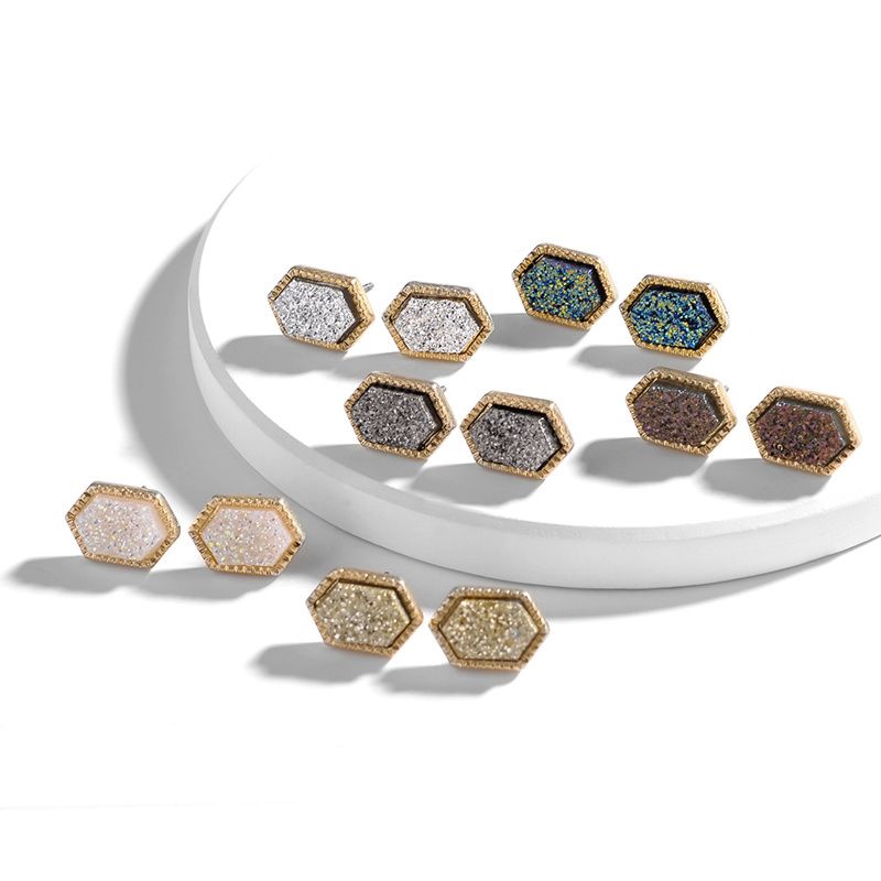 Mini Hexagon Metallic Colorful Resin Druzy Stud Earrings Bling Colors Geometric Natural Crystal Stone Earrings