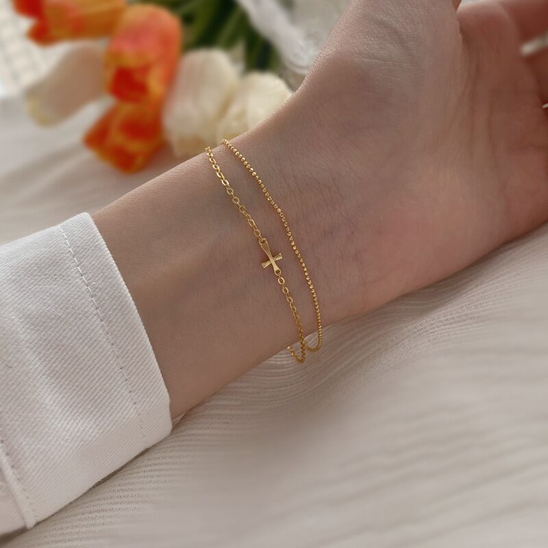 Minimalist 925 Sterling Silver Cross Bracelet Gold Plated Layered Bracelet for Women