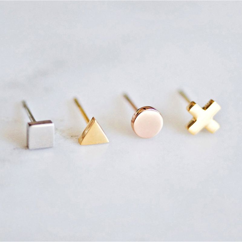 Minimalist Ear Silver Gold Color 4Mm Square round Triangle Cross Heart Shape Stainless Steel Stud Earrings
