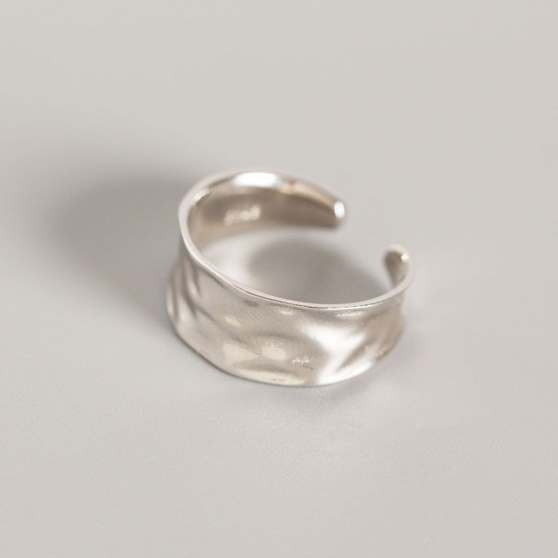 Minimalist Open Ring Adjustable S 925 Sterling Silver Handmade Wide Hammered Open Adjustable Ring