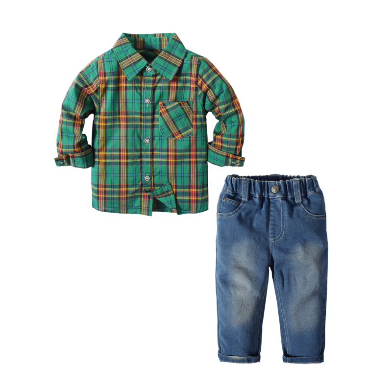 Mint Long Sleeve Shirt Denim Jeans Fall Outfits Children Clothes Kids Two Piece Suits Baby Boys Clothing Sets