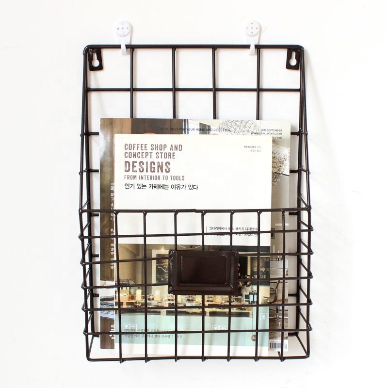 Modern Style Bookcase Wood Book Shelves Vintage Black and White Mesh Wall Mounted Metal Magazine Rack File Holder