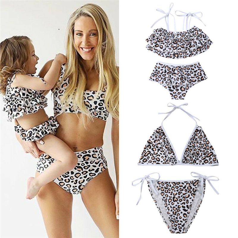 Mother Daughter Matching Bikini Set Leopard Print Ruffle Swimwear Bandage Swimsuit Family Bathing Suits