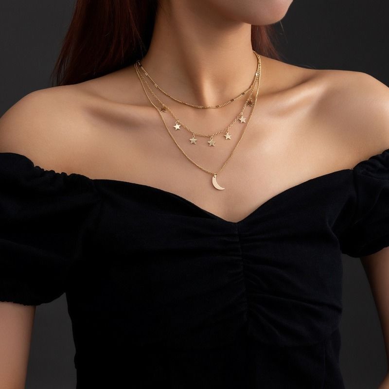 Multi-Layer Necklace Jewelry Simple Star Tassel Moon Crescent Stacking Necklace Female