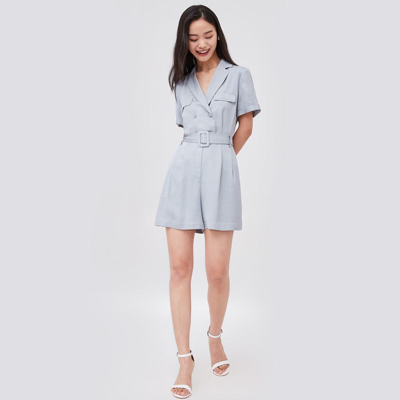 Naivee Workplace Morandi High Waist Belt Short Sleeve Jumpsuit Shorts for Women