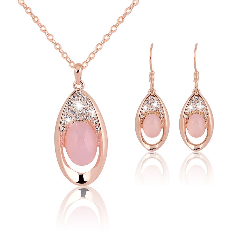 Natural Pink Ross Quartz Cz Crystal Gold Plated Necklace Earring Bridal Wedding Jewelry Set for Women