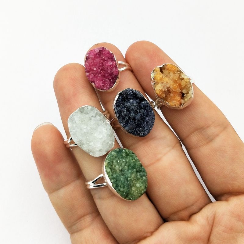 Natural Raw Oval Druzy Stone Open Ring Jewellery Adjustable Gold Plated Gemstone Finger Rings Designs Jewelry for Gift