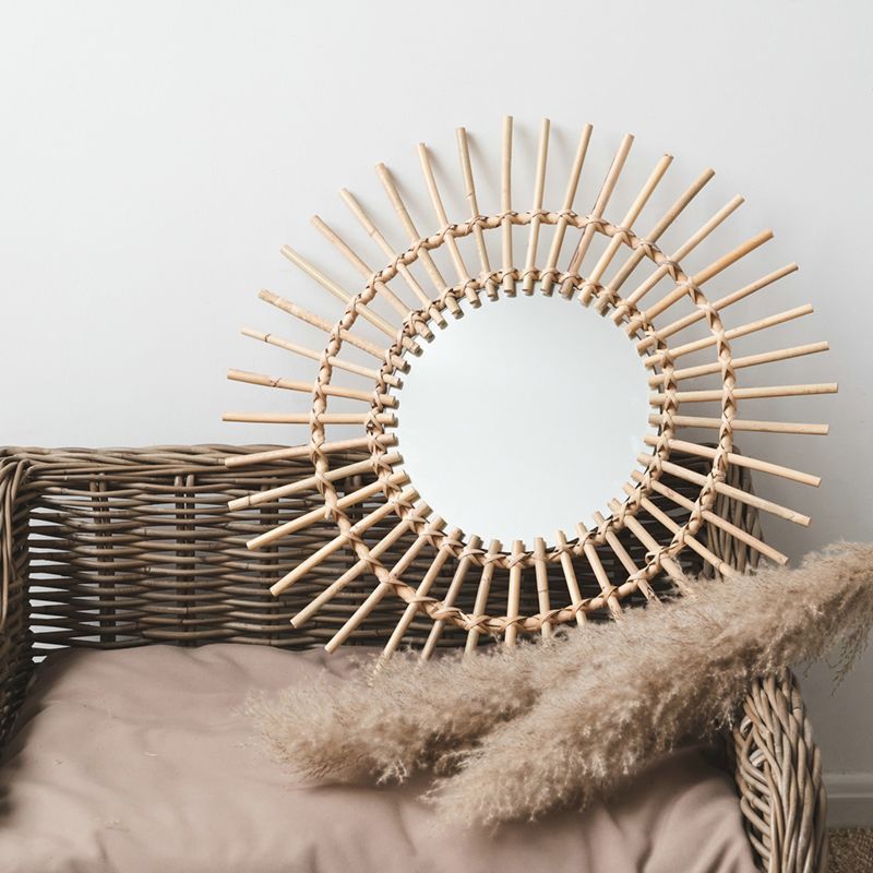 Natural round Antique Furniture Rattan Wall Mirror Decorative Sun Shaped Mirror Glass for Bathroom