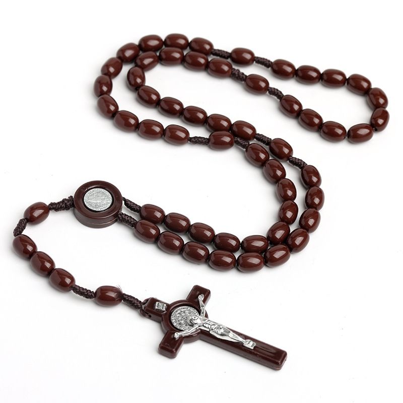 Natural Wood Beads Hand-Woven Wooden Beads Jerusalem Catholic Religious Strand Jewelry Cross Jesus Rosary Necklace
