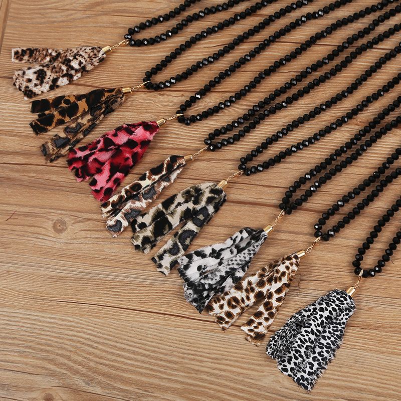 Necklace Jewelry Women Crystal Bead with Cloth Leopard Cow Print Tassels Crystal Beads Necklace
