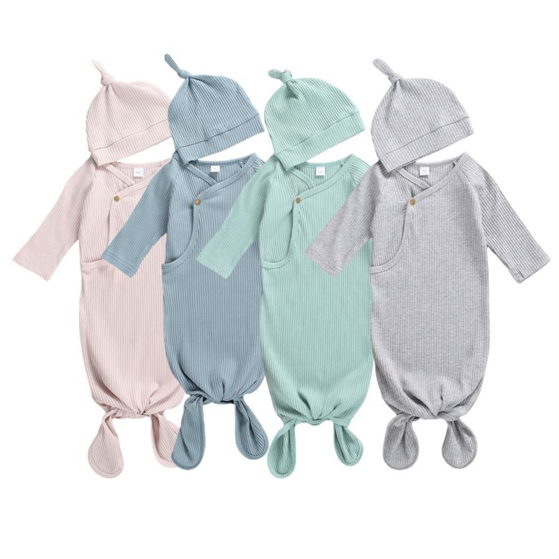 Newborn Baby Clothes Knitted Ribbed Cotton Baby Gown with Beanie Unisex Knotted Baby Gown Set
