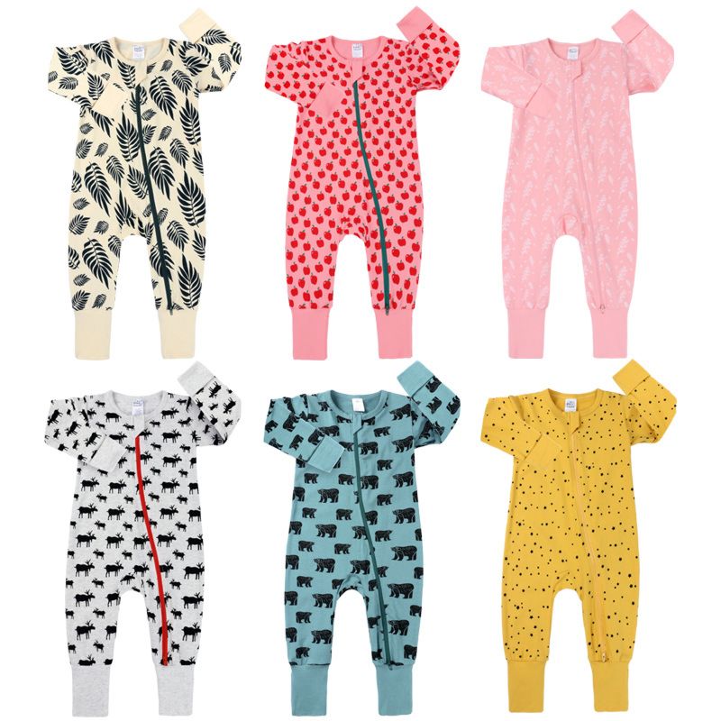 Newborn Cotton Print Long Sleeve Zipper Style Baby Kids Stripe Cheetah Leaf Print Autumn Zip up Bodysuits Sleeper Romper
