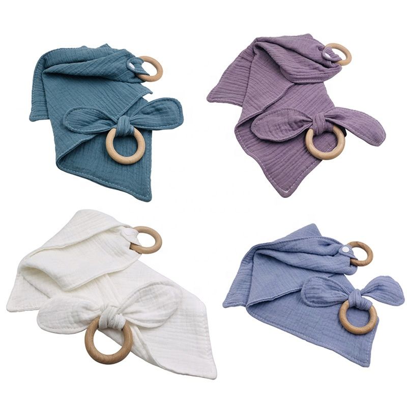 Newborn Gift Set Baby Muslin Cotton Blanket Teething Blanket Baby Bib Bunny Ear Wooden Teether