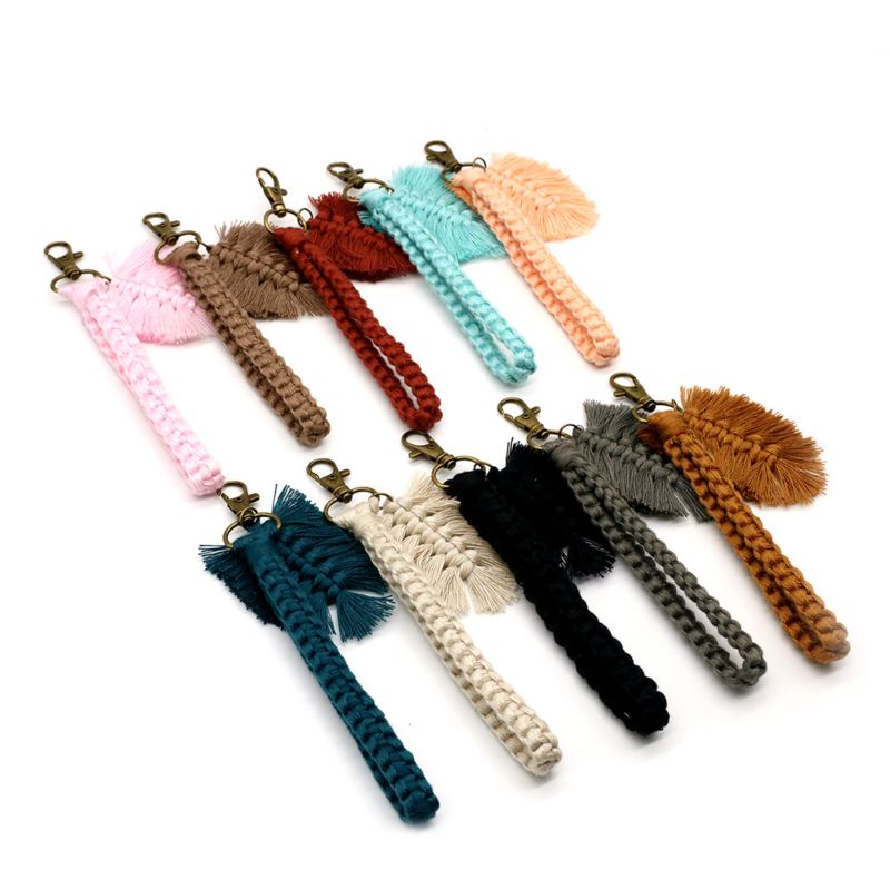 Newest Colorful Bohemia Cotton Rope Woven Leaves Feather Tassel Key Ring Boho Macrame Keychain