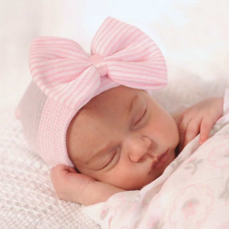 Newest Cute Newborn Baby Girl Comfy Bowknot Hospital Cap Beanie Hat Knitted Striped Baby Girl Caps Beanie Toddler Hats