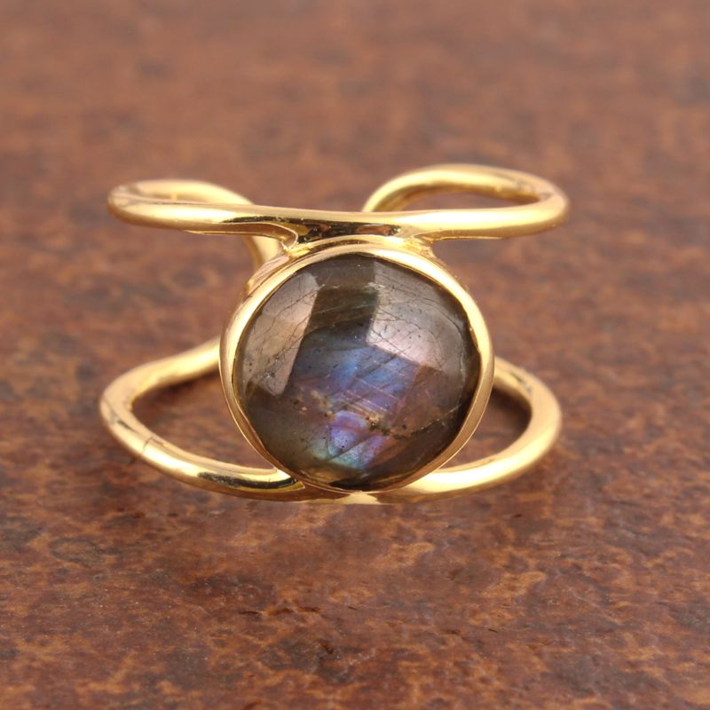 Newest Latest Blue Flashy Labradorite Gemstone Ring Brass Gold Plated Double Band Designer Ring Royal Looking Unisex Ring