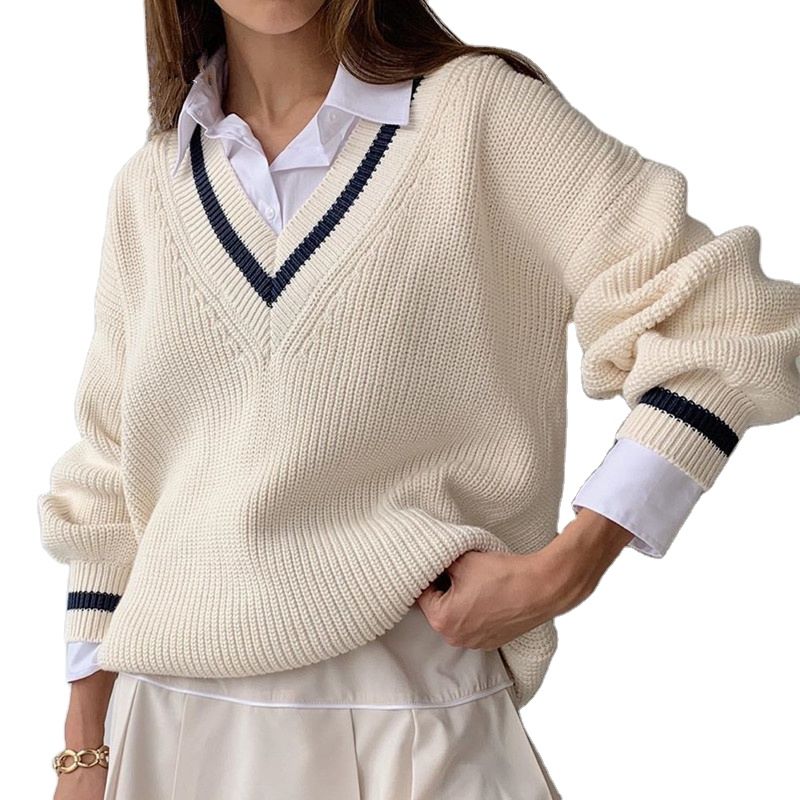 Newly Arrived Women's Color Block Striped V-Neck Sweater Long Sleeve Knit Pullover Jumper Tops