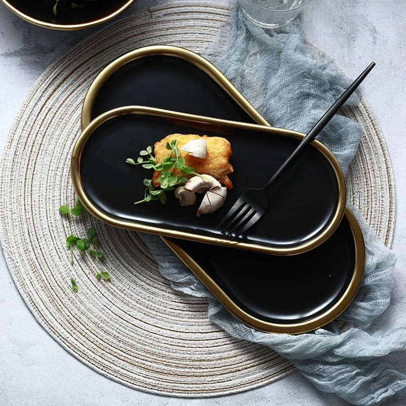 Nordic Black Ceramic Marble Tray Dessert Oval Plates with Gold