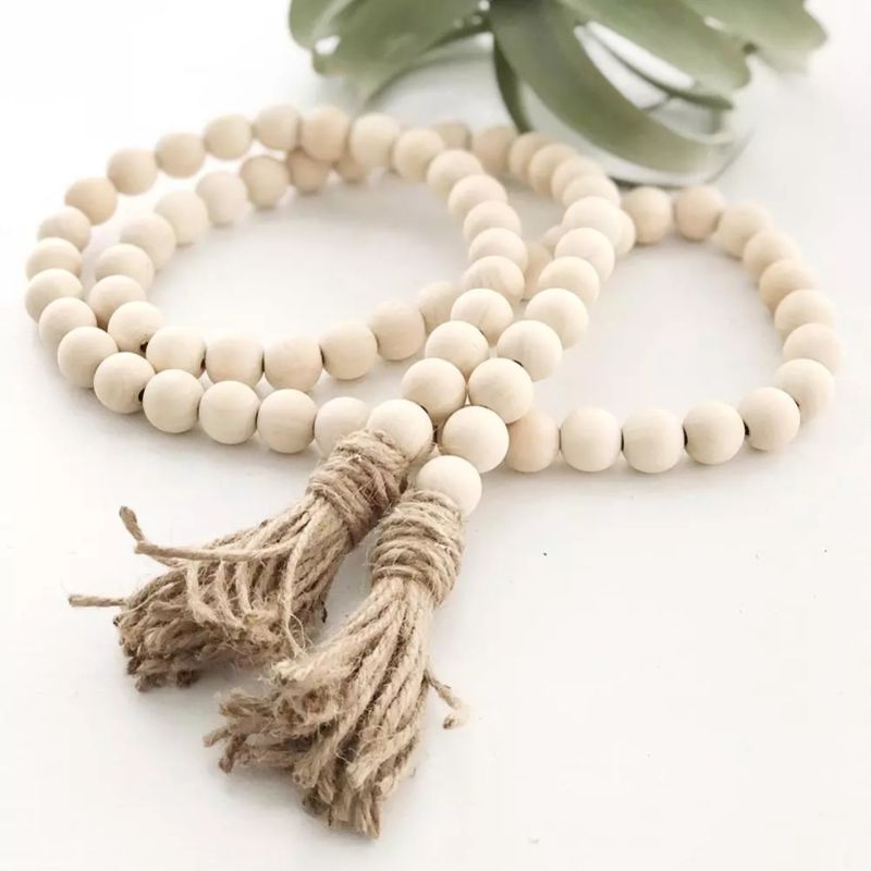 Wooden Boho Bead Garland with Natural Jute Tassels-Whitewash