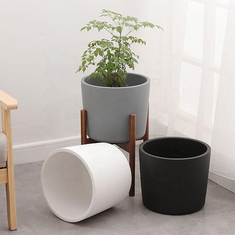 Nordic Ceramic Succulent Flower Pot with Wood Stand Living Room Green Plants Container