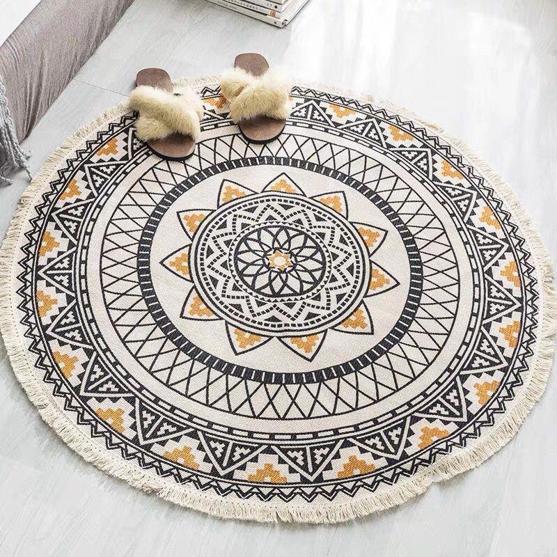 Nordic Ethnic Style Cotton Linen round Floor Mat for Living Room Bedroom Anti-Slip Doormat Tassels Boho Carpet