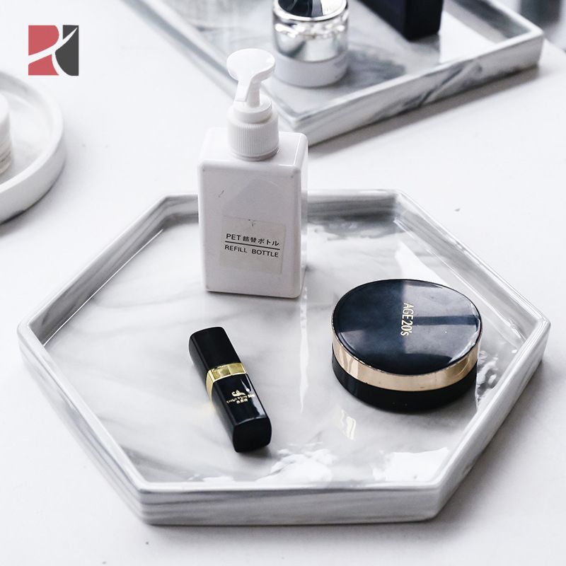 Nordic Style round Hexagon Luxury Marble Pattern Ceramic Makeup Tray Dish Jewelry Organizer