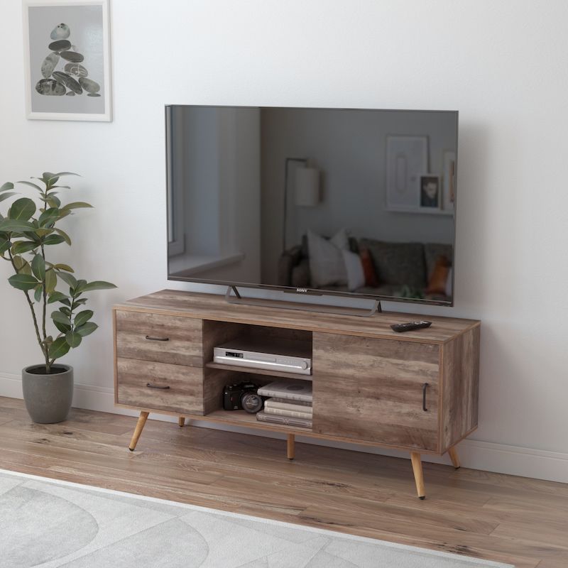 Nordic Wooden Tv Cabinet Stand with Drawers and Open Shelves
