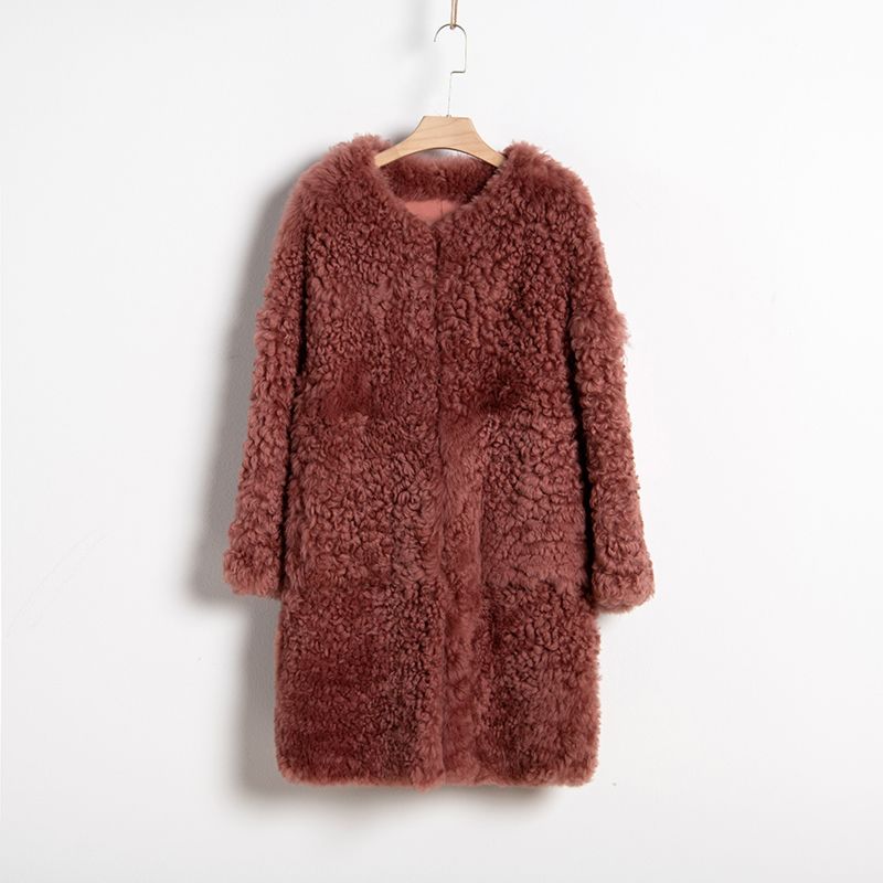 O-Neck Double Face Brown Lamb Shearling Coat for Women