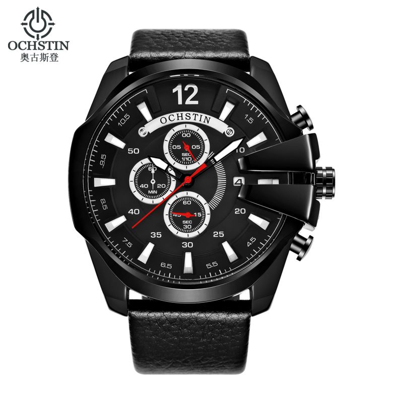 Ochstin 062 Men Casual Quartz Big Face Watch Black Leather Strap Auto Date Male Watches