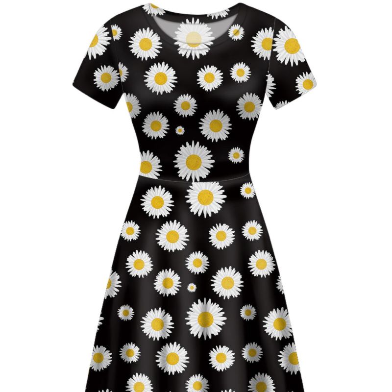 One Customfashion Personality Sunflower Lotus Multi-Color Anime Pattern O-Neck Print Ladies Dress