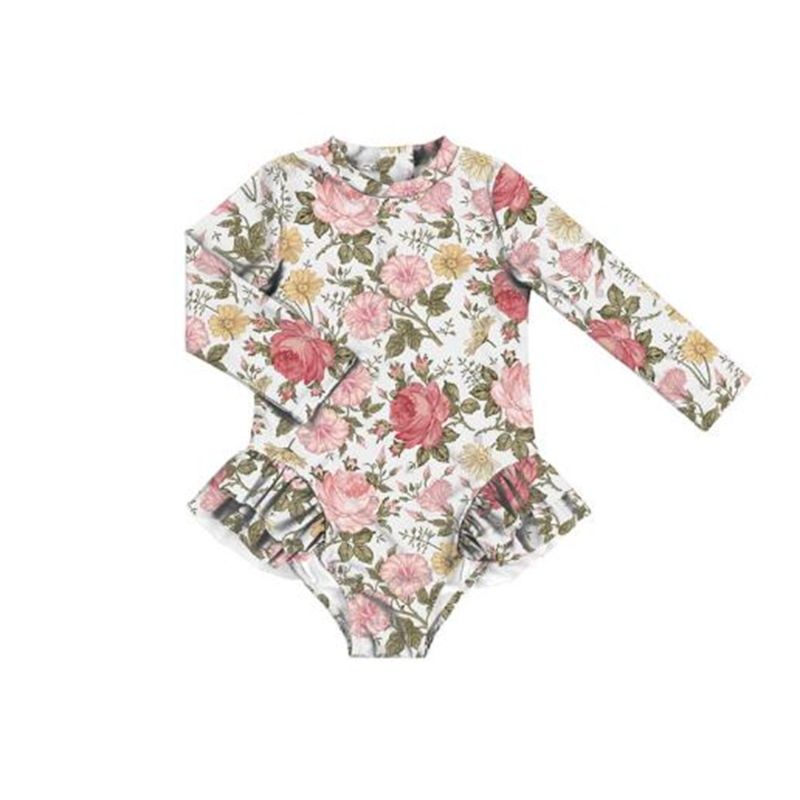 One Piece Girl Kids Swimsuit Clothes Flowers Print Long Sleeve Ruffle Girl Fall Pretty Swimwear